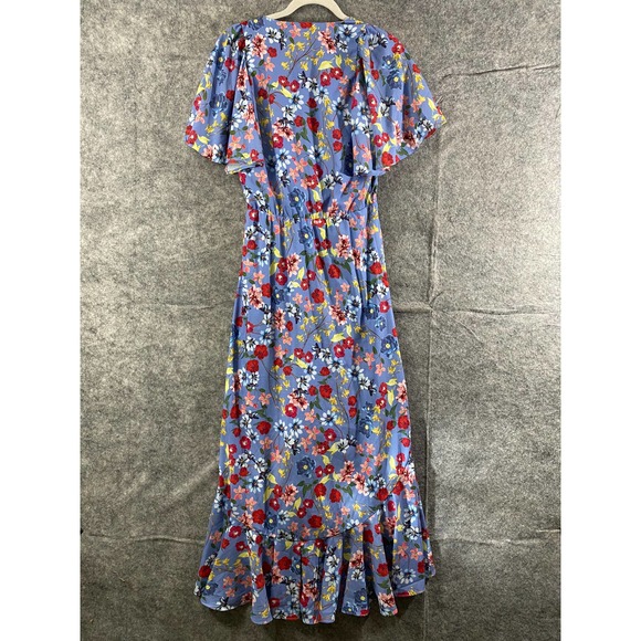 Parker Midi Wrap Dress Small Blue Floral Print Short Sleeve A-Line High-Low - Picture 3 of 11